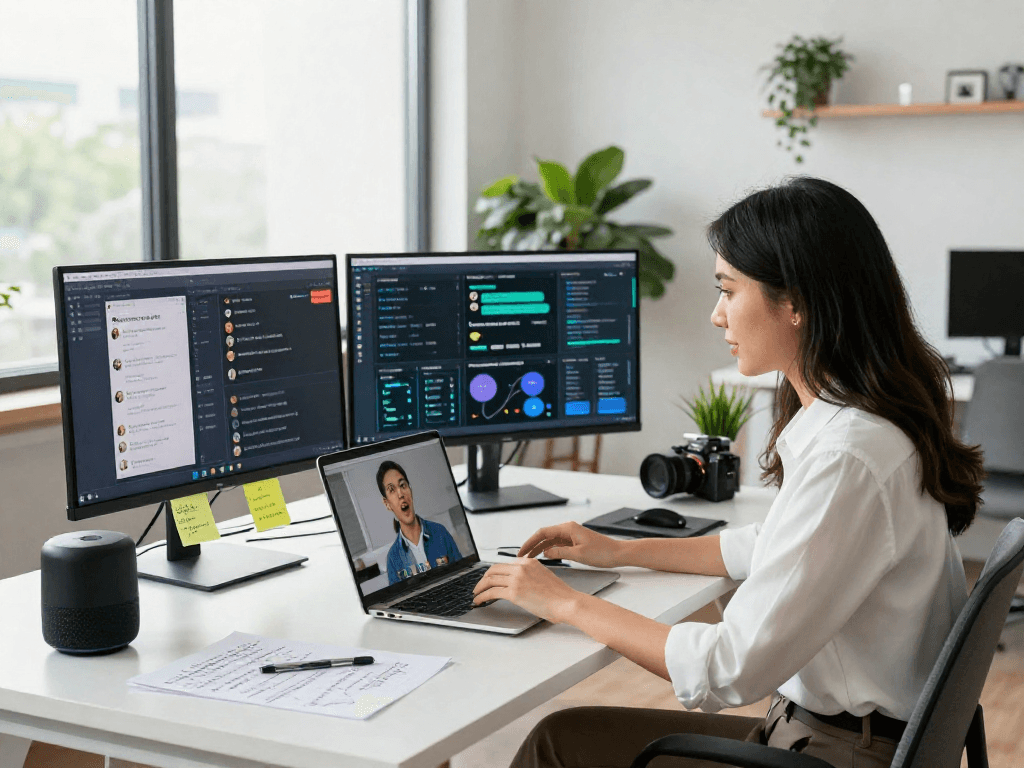 Engaging in juicy ai chat at a digital workspace with vibrant interfaces and natural lighting.