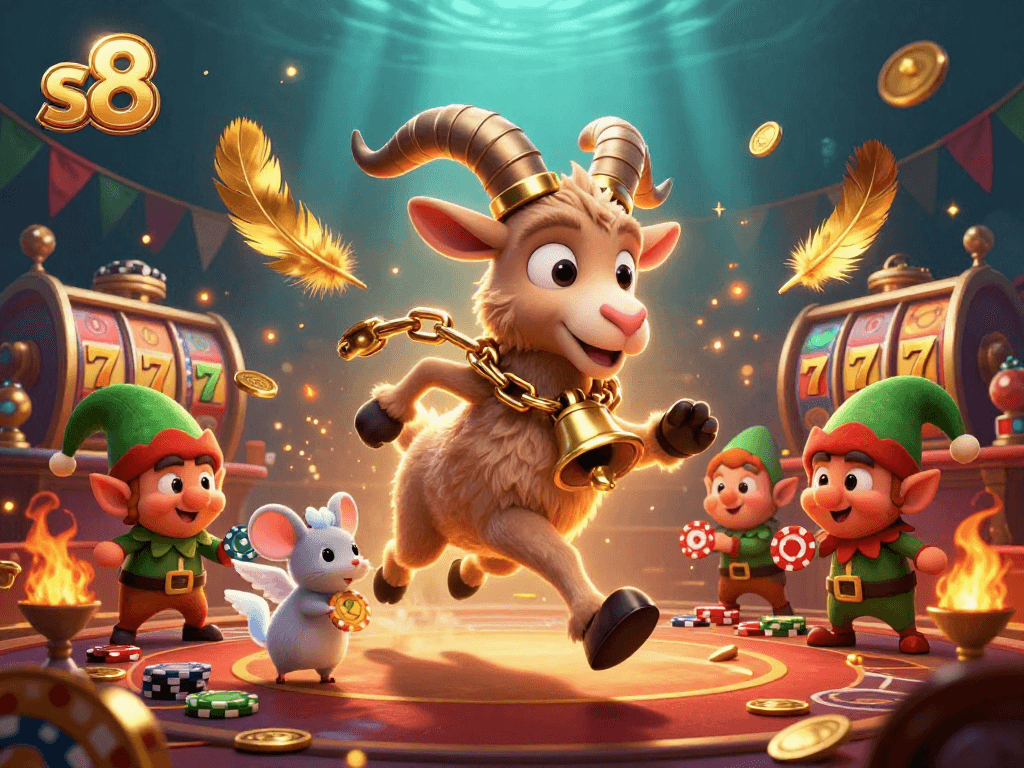 Engaging scene of s8 with lively characters in a holiday casino setting, featuring dynamic jackpot elements.