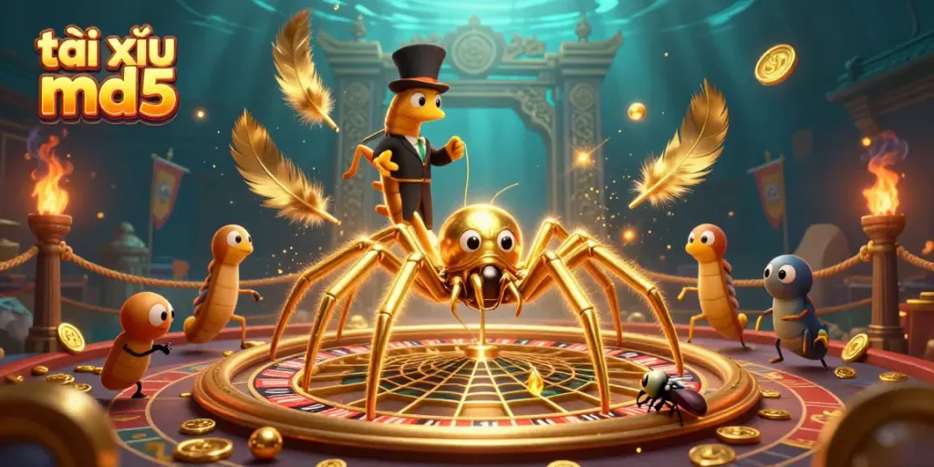 Experience thrilling gameplay with tài xỉu md5 as the golden spider spins a roulette wheel in a vibrant casino scene.