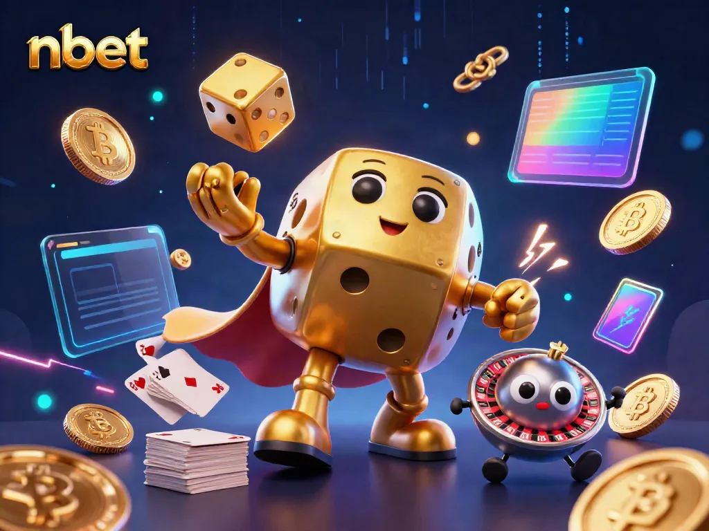 Engage with nbet through an enchanting 3D casino scene featuring dynamic characters and cryptocurrency elements.