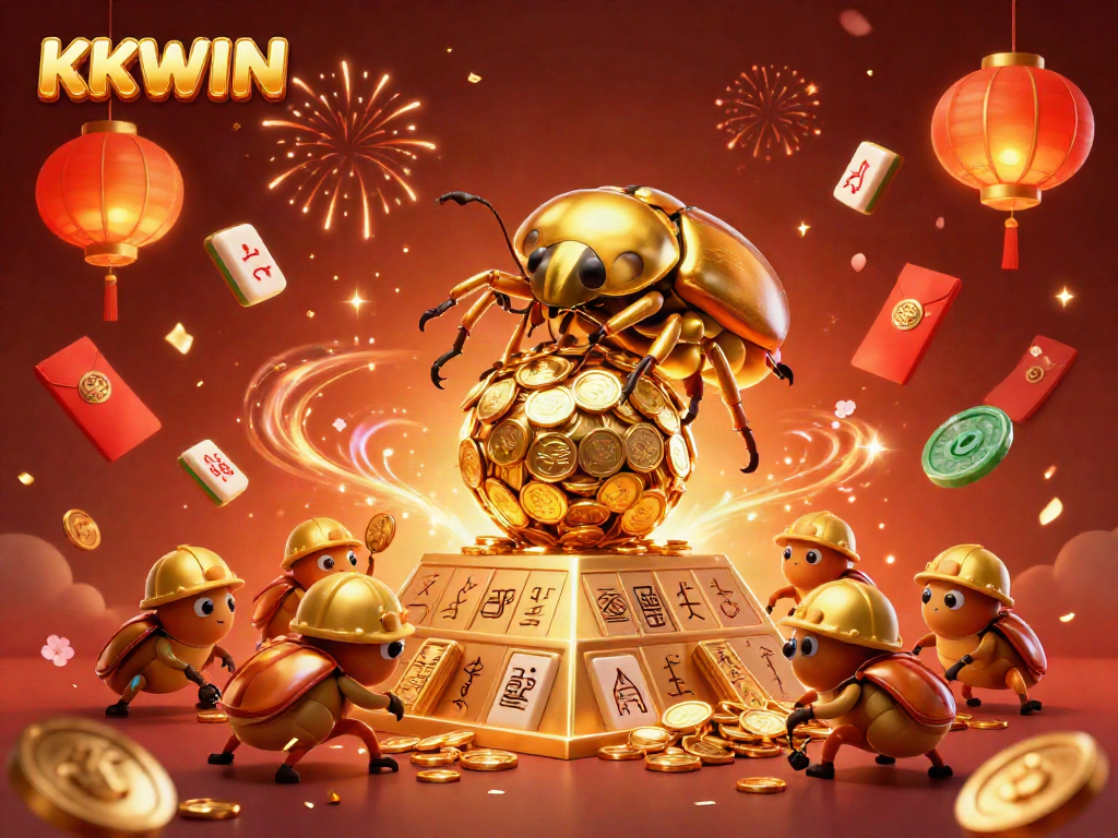 Experience the thrilling world of KKWIN with a vibrant scene featuring a golden dung beetle and casino symbolism.
