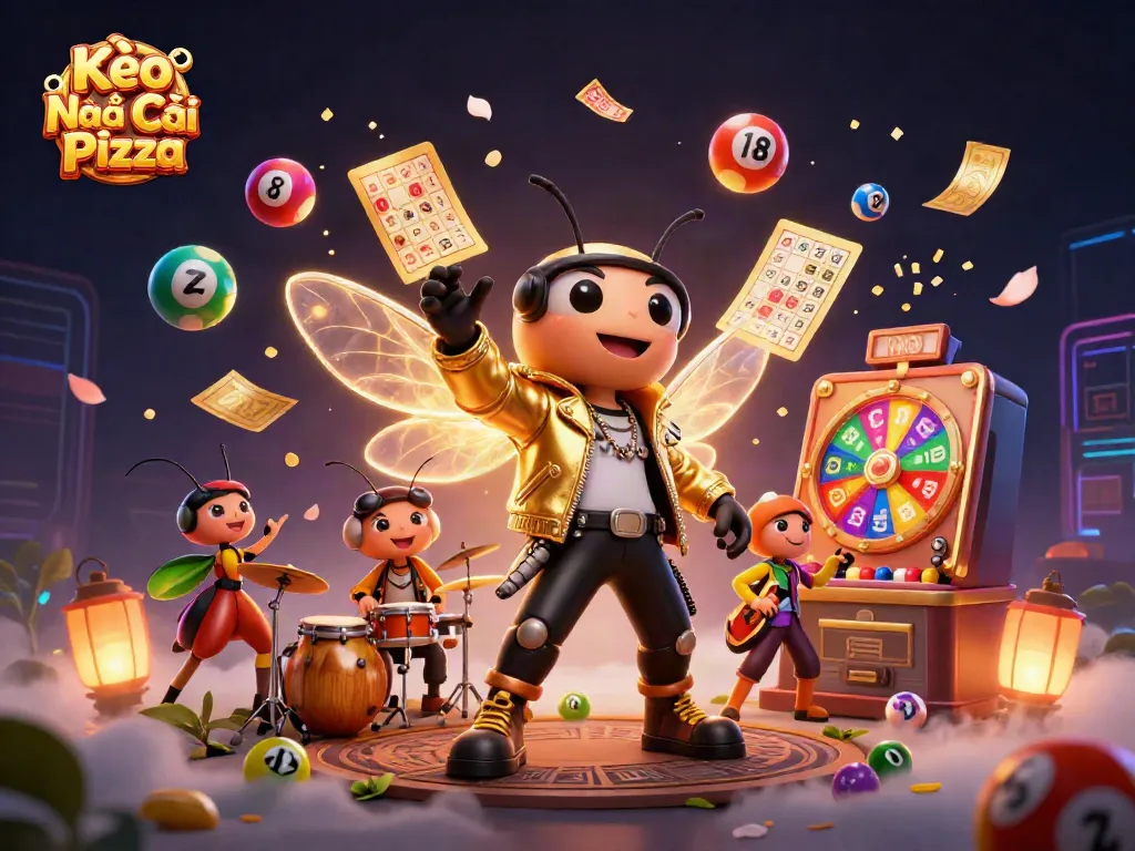 Kèo Nhà Cái Pizza showcases an electrifying rock scene with vibrant casino elements and animated characters.