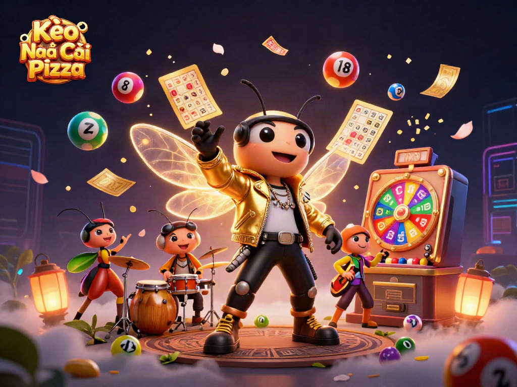 Kèo Nhà Cái Pizza showcases an electrifying rock scene with vibrant casino elements and animated characters.