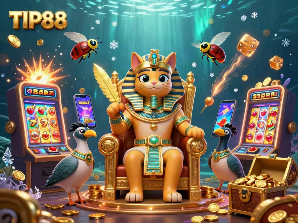 Experience thrilling gameplay with TIP88's vibrant casino illustration featuring an Egyptian pharaoh cat and exciting game elements.