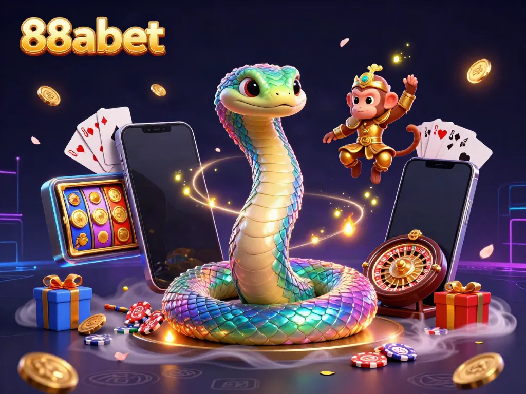 Experience thrilling gameplay with 88abet's vibrant 3D illustration featuring a rainbow serpent and monkey king.