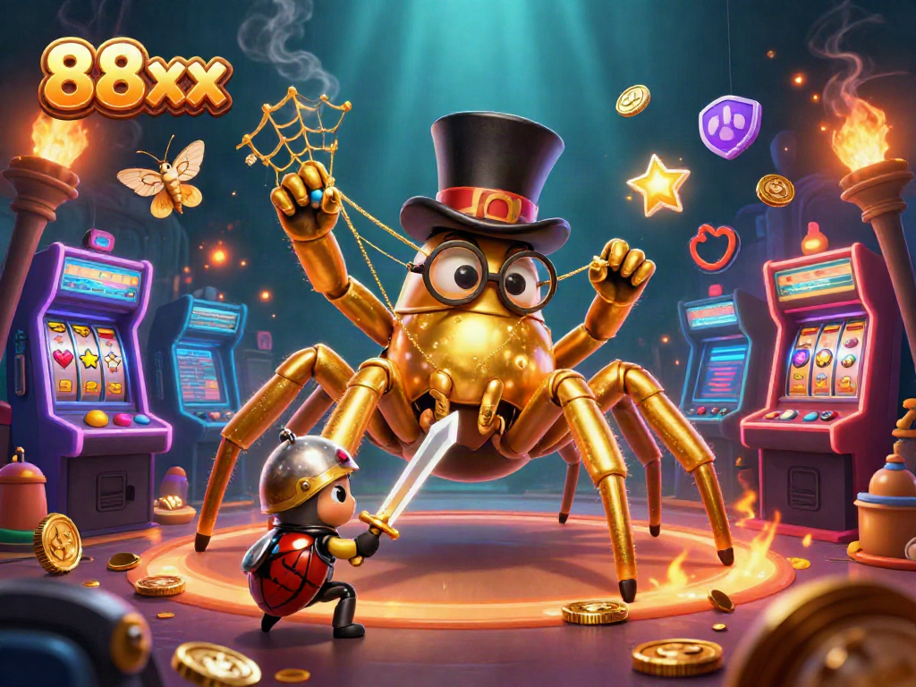 Engage with players at 88xx amidst a vibrant casino setting featuring golden slot jackpots and dynamic gameplay.