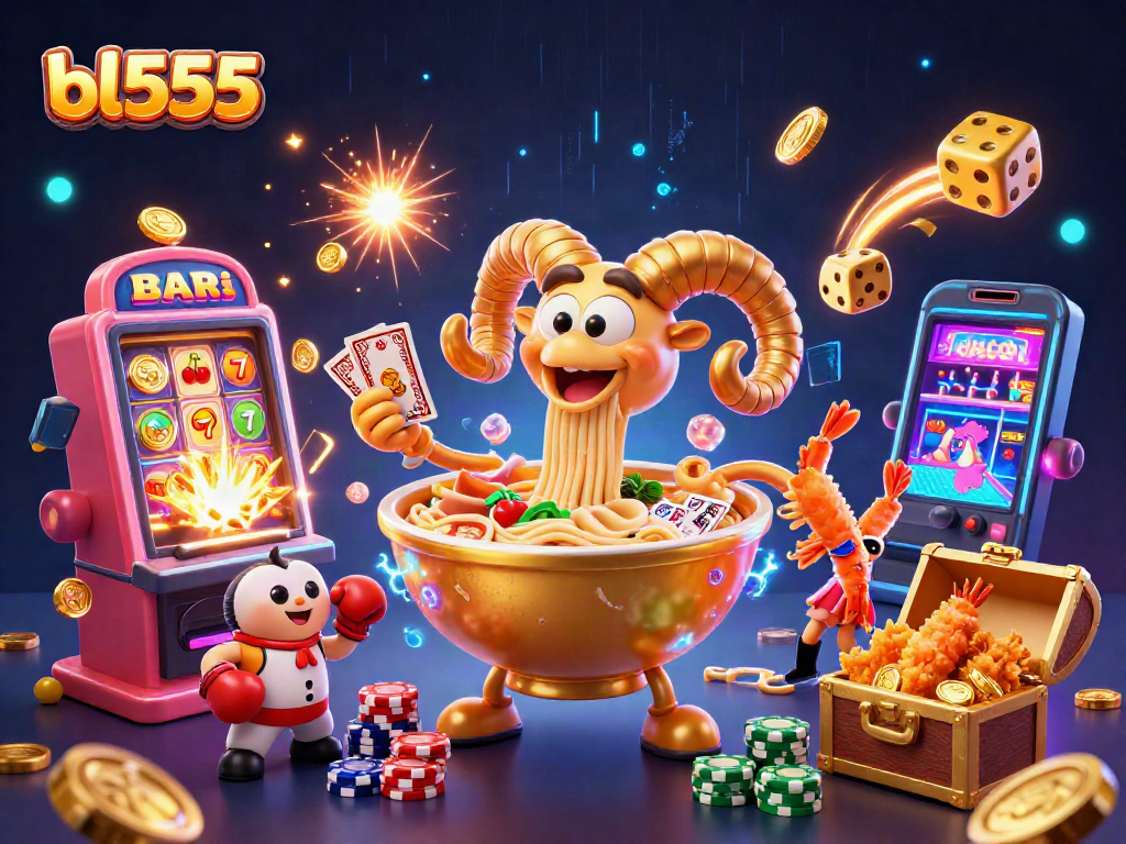 Engage in thrilling gameplay with bl555 as a giant ramen bowl dealer amidst colorful casino elements.
