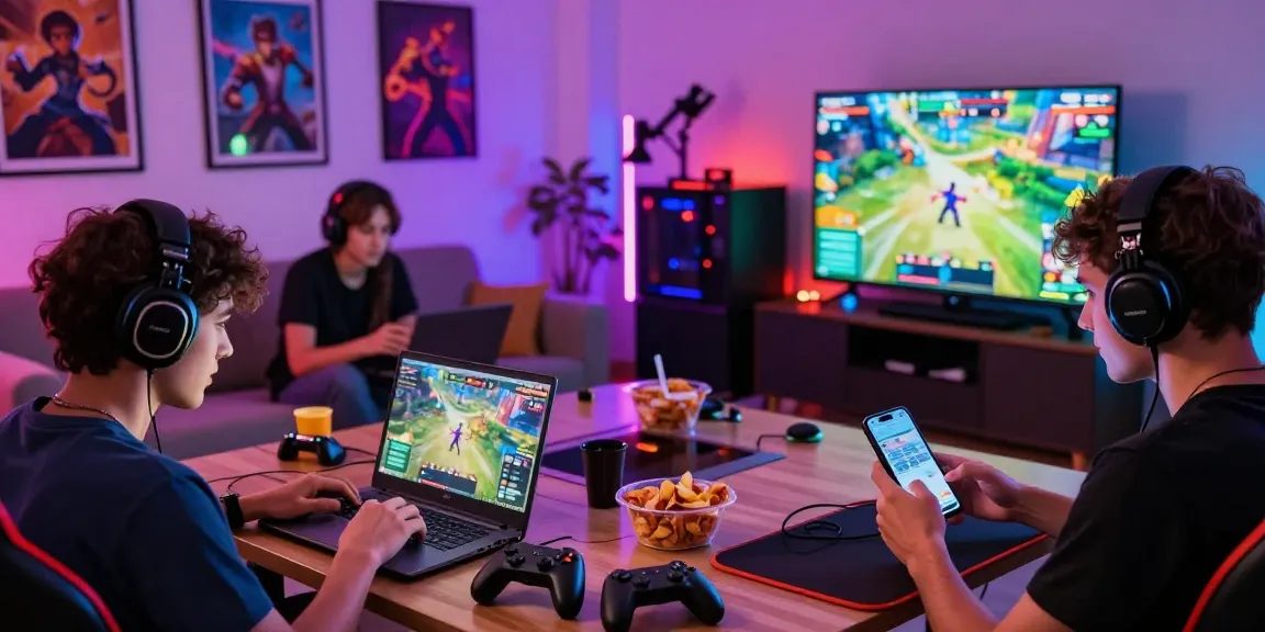 Players enjoying online porn games on various devices in a lively gaming room.
