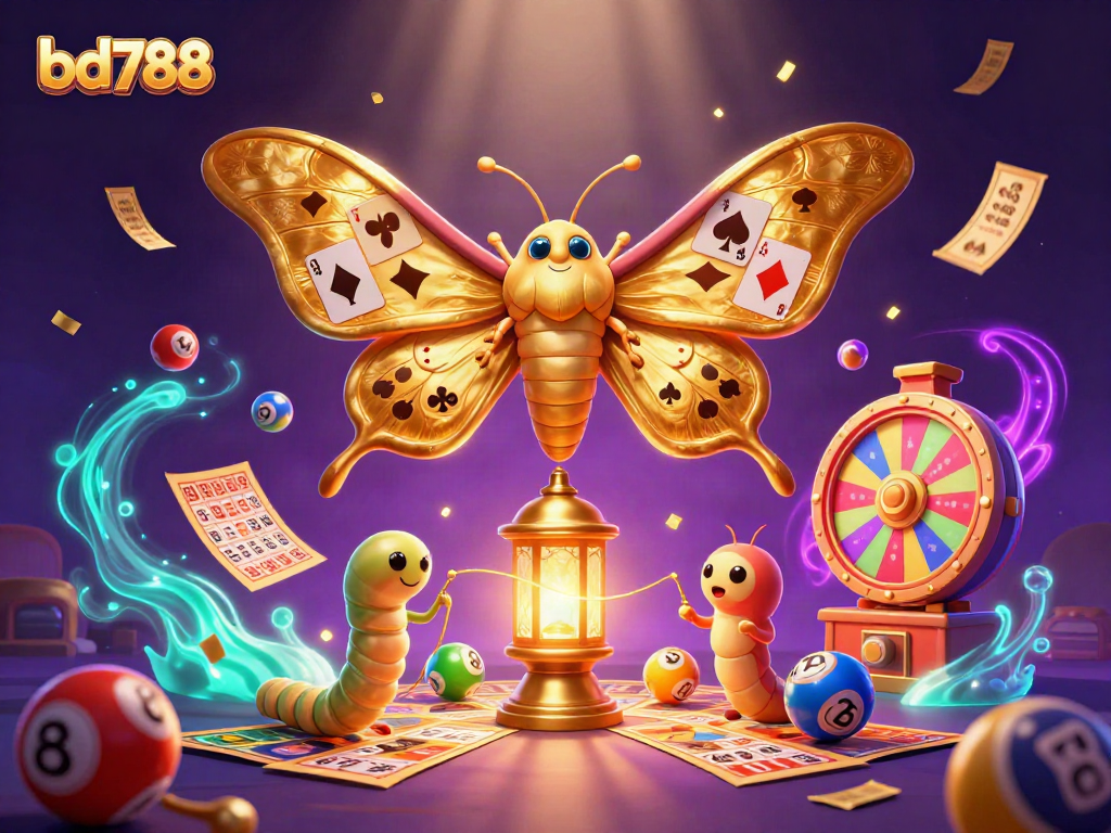 Engage with the dynamic bd788 casino scene featuring a vibrant 3D atlas moth amidst games and excitement.