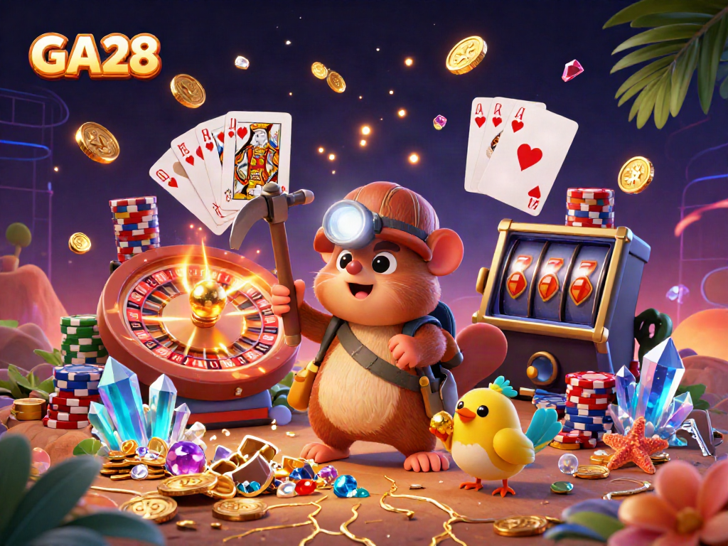 GA28 showcases a vibrant treasure hunt scene with a mole and canary amid glowing gems and casino elements.