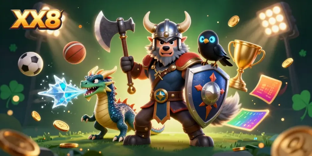 Engage in thrilling bets with the dynamic XX8 scene featuring a Viking warrior, dragon, and sports elements.