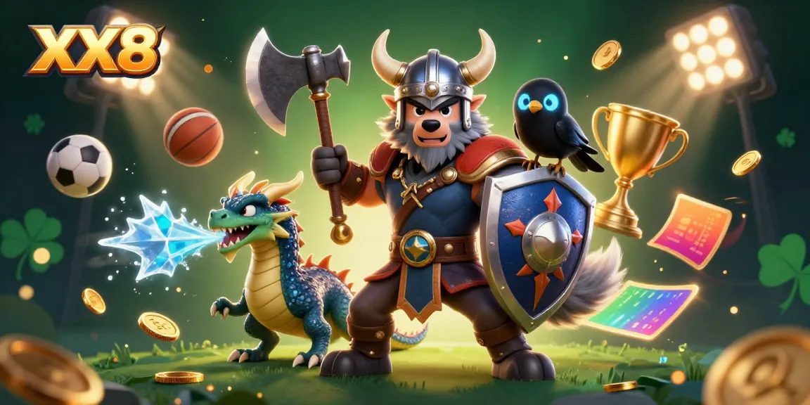 Engage in thrilling bets with the dynamic XX8 scene featuring a Viking warrior, dragon, and sports elements.