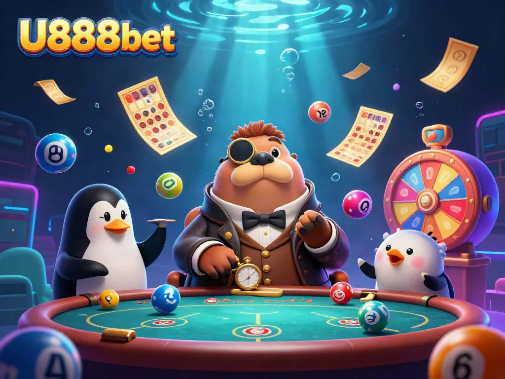 Experience the thrill of U888bet with a clever walrus playing poker in a dynamic underwater scene.