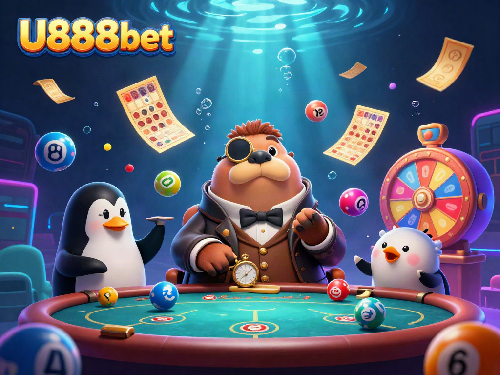 Experience the thrill of U888bet with a clever walrus playing poker in a dynamic underwater scene.