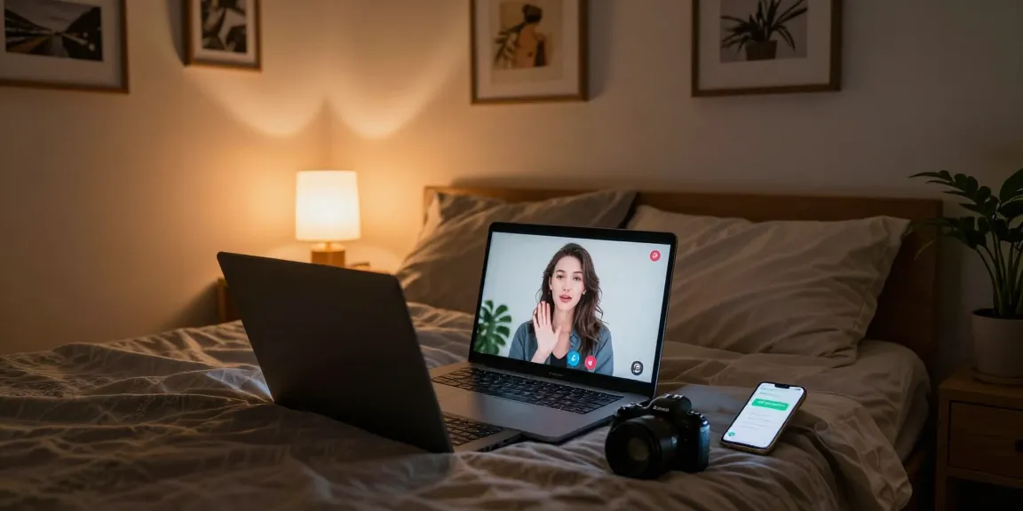 Engaging in a sex chat online in a cozy bedroom with warm lighting.