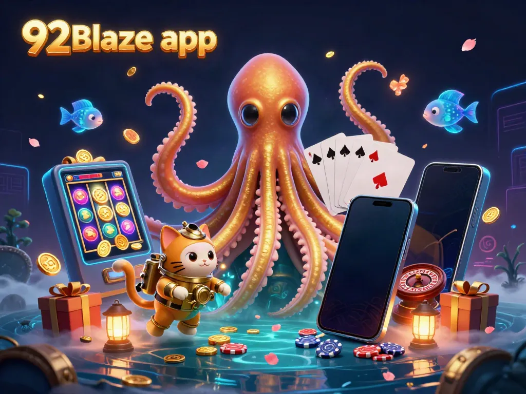 Engage with the 92Blaze app in this vibrant 3D casino scene featuring a kraken and diving cat.