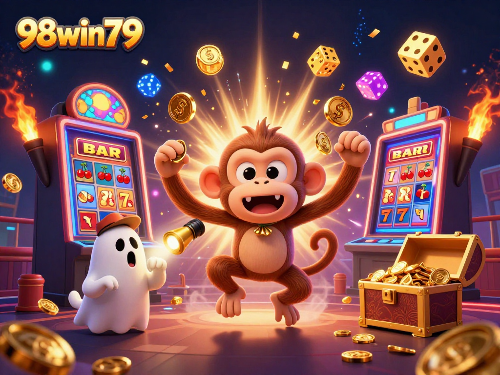 Experience the excitement of 98win79 casino, where a playful monkey and ghost-hunter puppy add fun to the gaming experience.