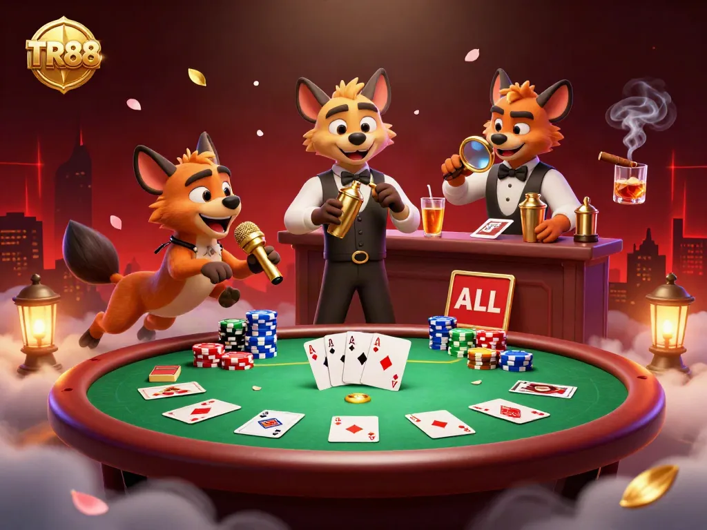Experience TR88's lively casino atmosphere with hyenas in a comedic scene featuring poker excitement and vibrant lighting.