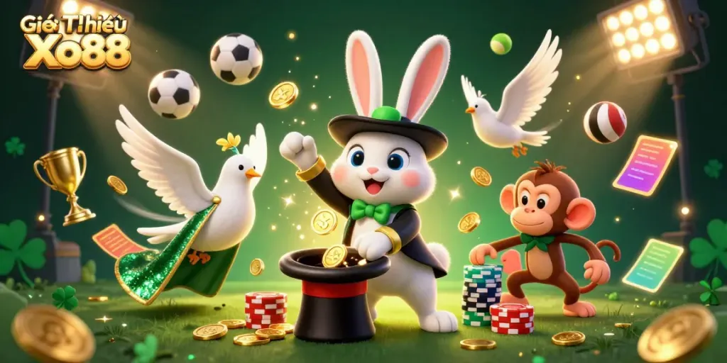 Engage in Giới Thiệu Xo88 with an exciting 3D casino scene featuring playful characters and dynamic elements.