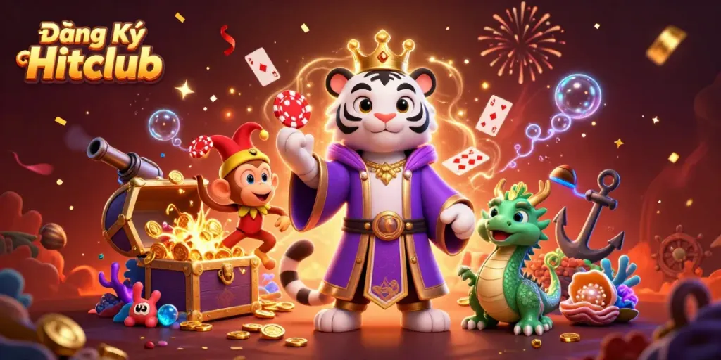 Experience excitement with Đăng Ký Hitclub and a vibrant 3D scene of casino characters and elements.