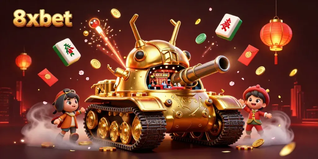 Experience the excitement of 8xbet with a lively 3D casino-inspired scene featuring a golden beetle tank.