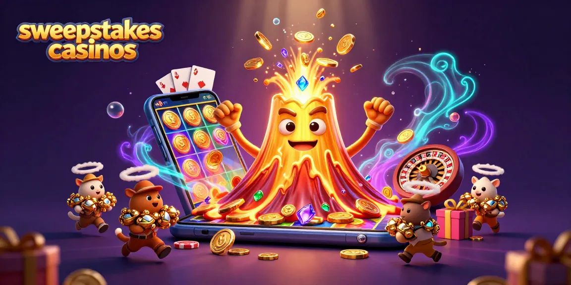 Sweepstakes casinos showcase golden volcano, treasure, and dynamic gaming elements in a captivating scene.