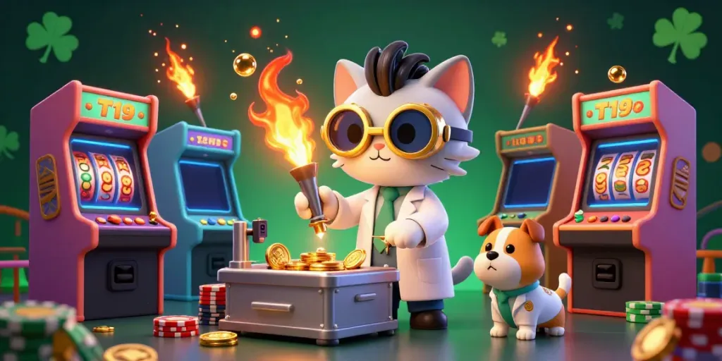 Experience exciting gameplay with T19 at a vibrant casino scene, featuring animated characters and casino graphics.