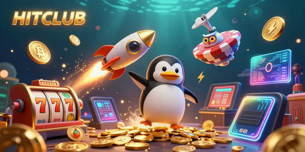 Experience the excitement of HITCLUB with a golden penguin and vibrant gaming elements!