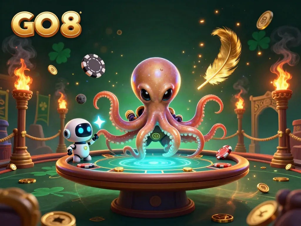 Engage with GO 8 as an alien octopus and robot explore vibrant holographic poker adventures.