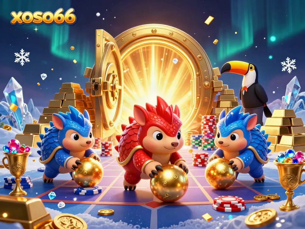 xoso66 pangolins compete in a thrilling poker game, surrounded by rich casino treasures.
