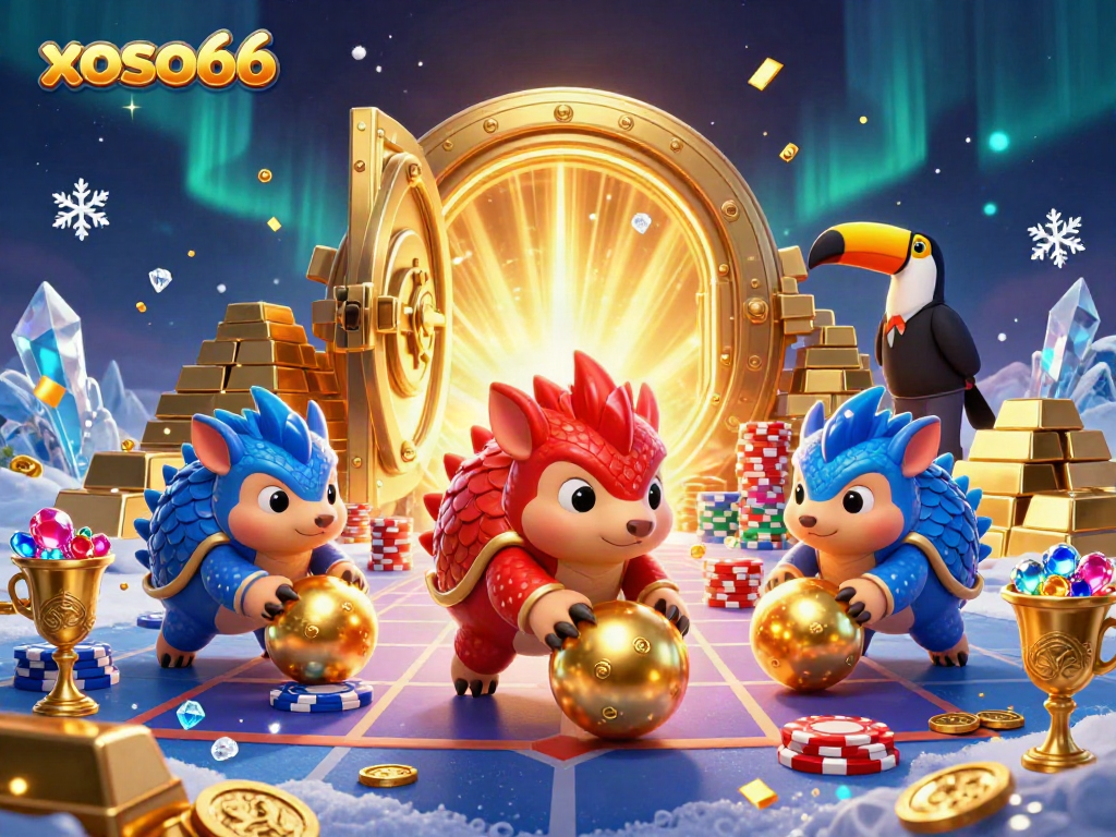 xoso66 pangolins compete in a thrilling poker game, surrounded by rich casino treasures.