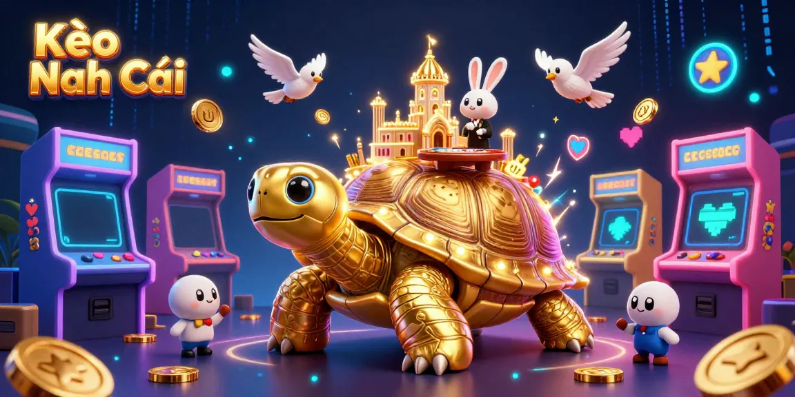 Kèo Nhà Cái illustration depicting a golden tortoise casino with a rabbit dealer and flying coins