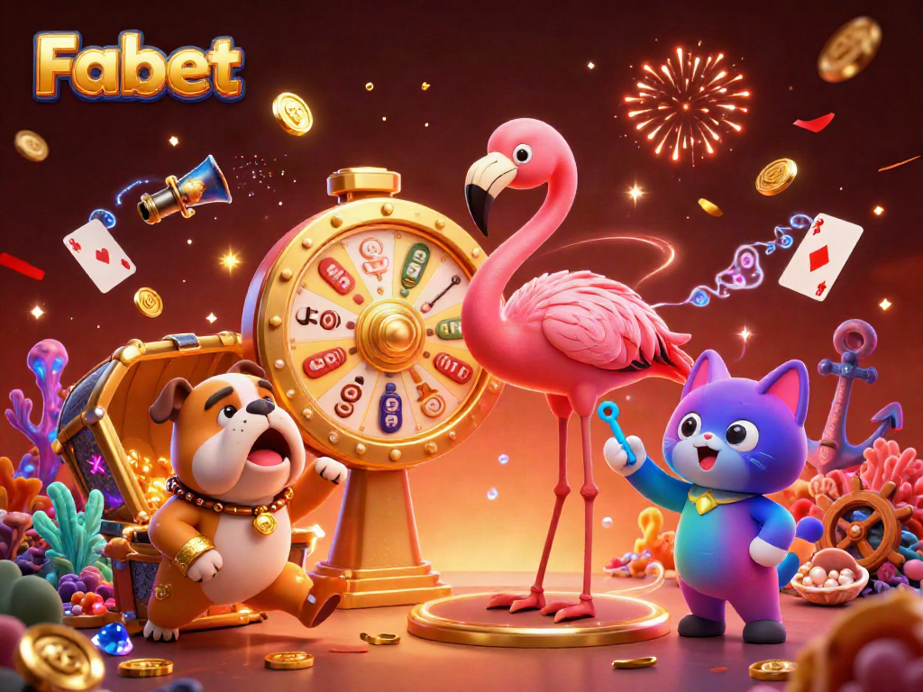 Spin to win at Fabet with a cartoon flamingo, bulldog contestant, and scoreboard cat in a vibrant casino scene.