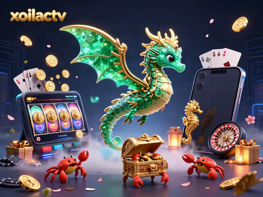 Engage in thrilling gambling adventures with xoilactv, featuring an emerald sea dragon and vibrant casino elements.