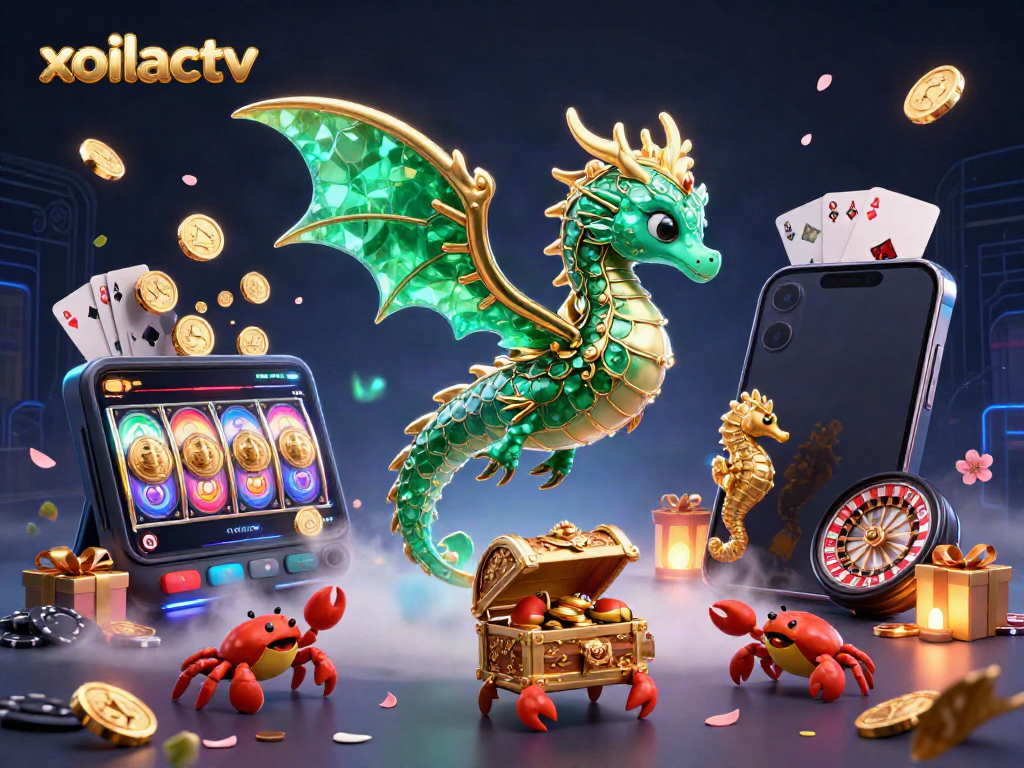 Engage in thrilling gambling adventures with xoilactv, featuring an emerald sea dragon and vibrant casino elements.