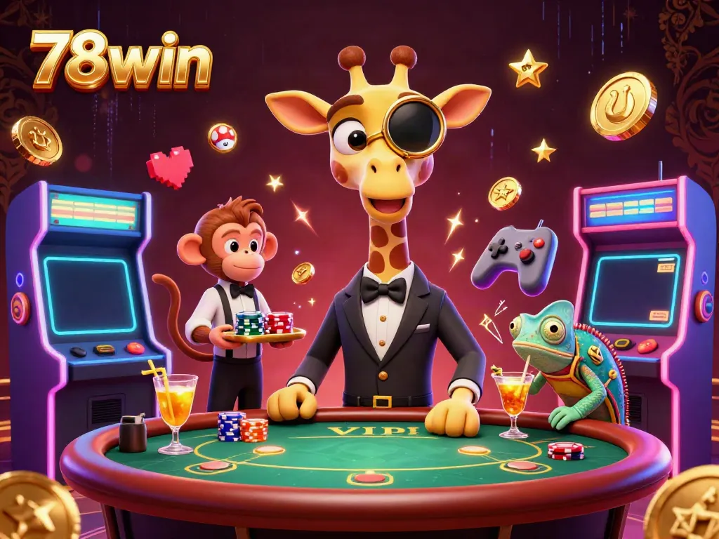 Play exciting games at 78win, featuring a sophisticated giraffe at a poker table with vibrant casino elements.