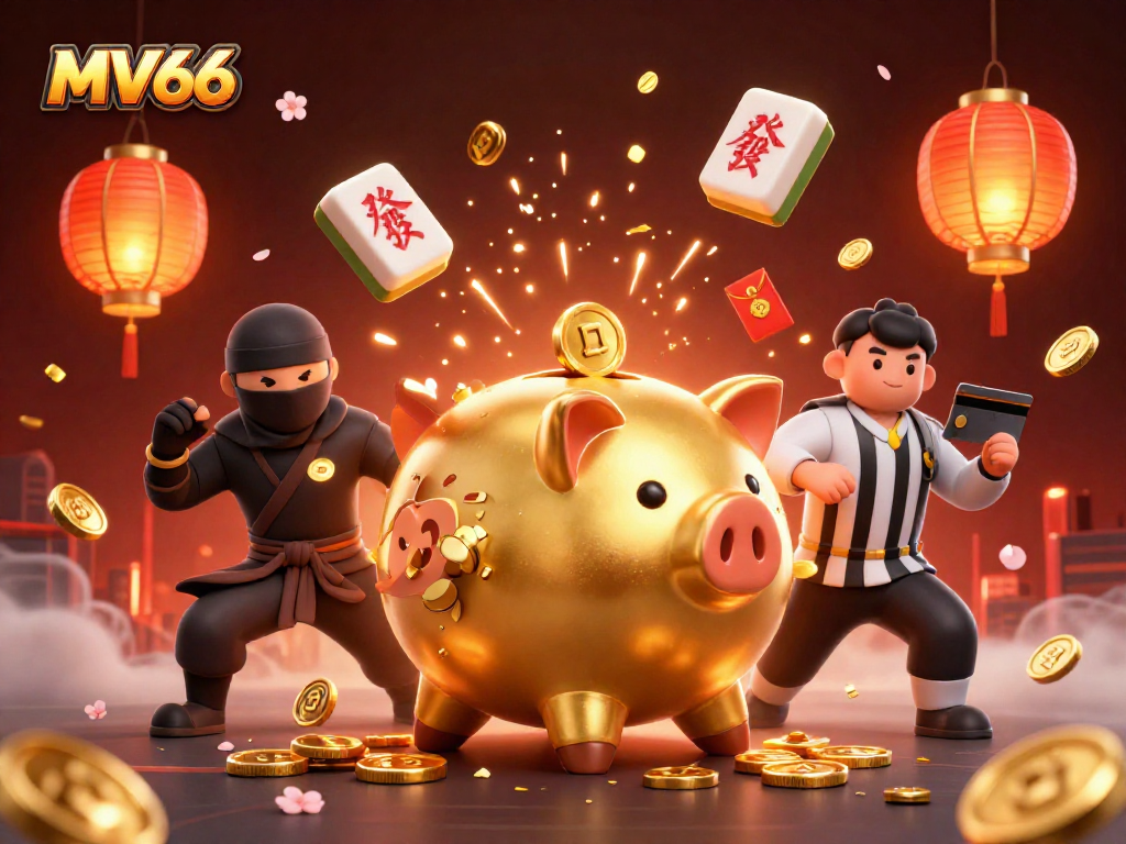 MV66 showcases a dynamic scene of a golden piggy bank sumo wrestler, coins, and lanterns lighting the casino theme.