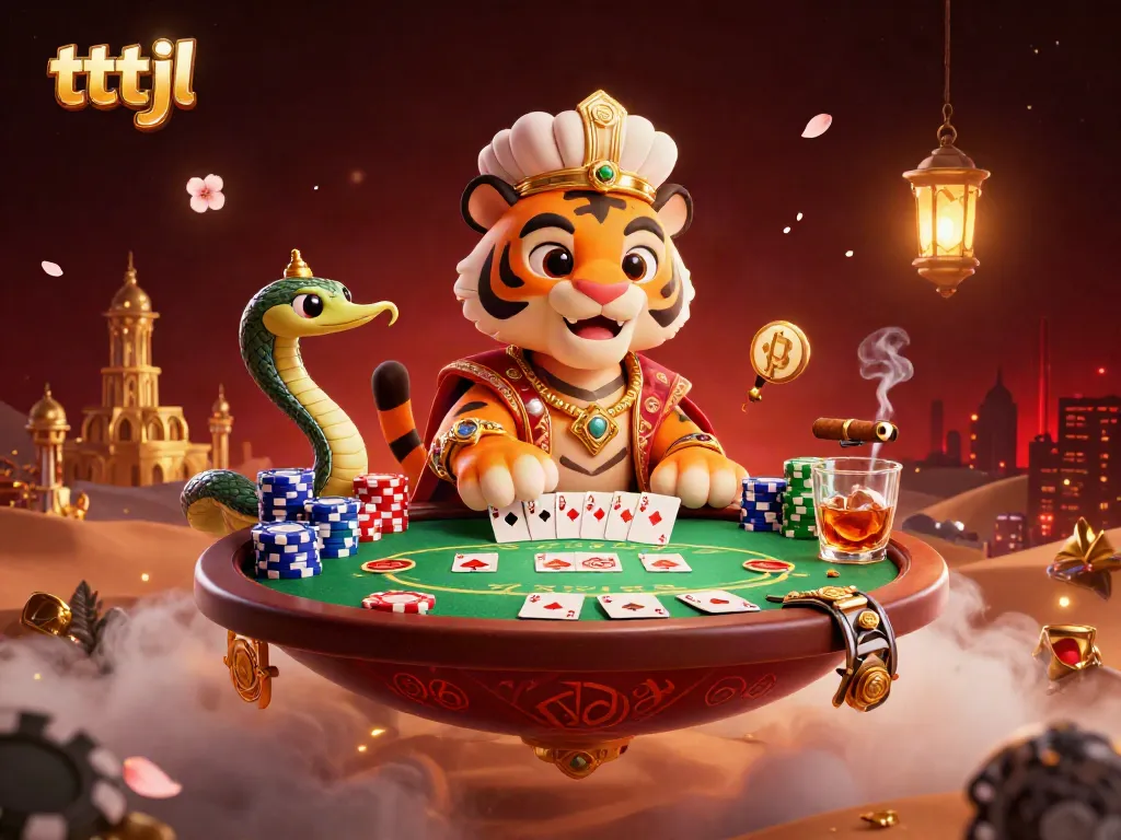 Experience excitement with tttjl featuring a tiger sultan, poker elements, and an enchanting casino backdrop.
