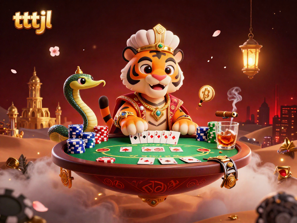 Experience excitement with tttjl featuring a tiger sultan, poker elements, and an enchanting casino backdrop.