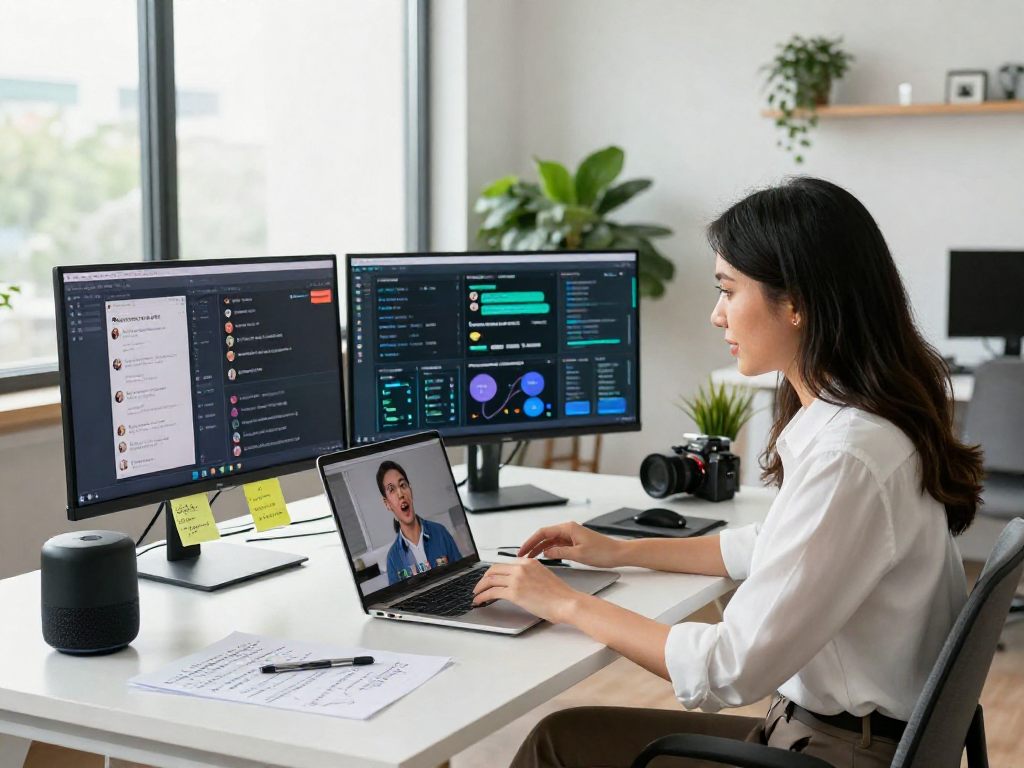 Engaging in juicy ai chat at a digital workspace with vibrant interfaces and natural lighting.