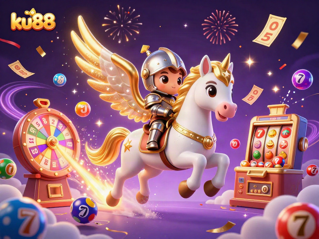 ku88 captures the excitement of online gambling with a celestial knight leading vibrant lottery elements.