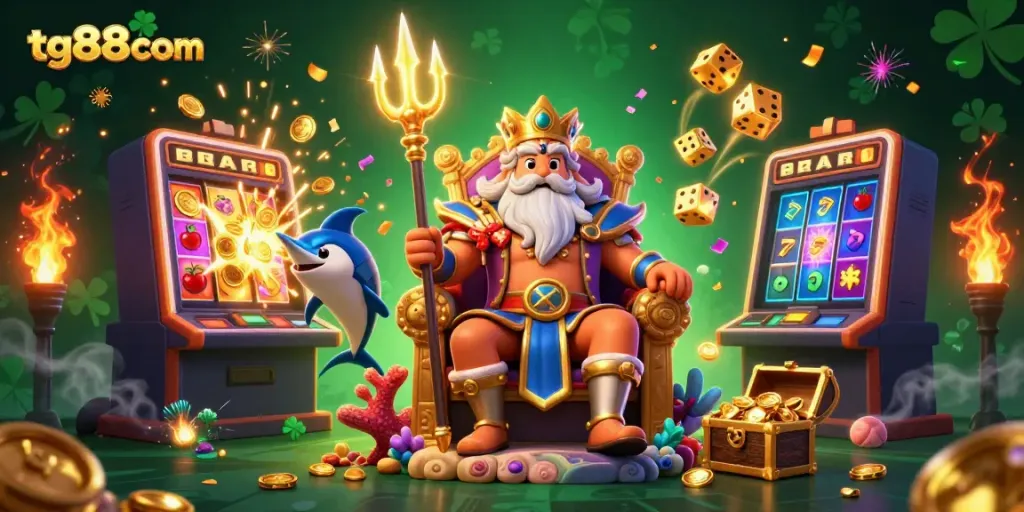 Engage in winning strategies at tg88com with Neptune, a slot machine explosion, and vibrant casino elements.