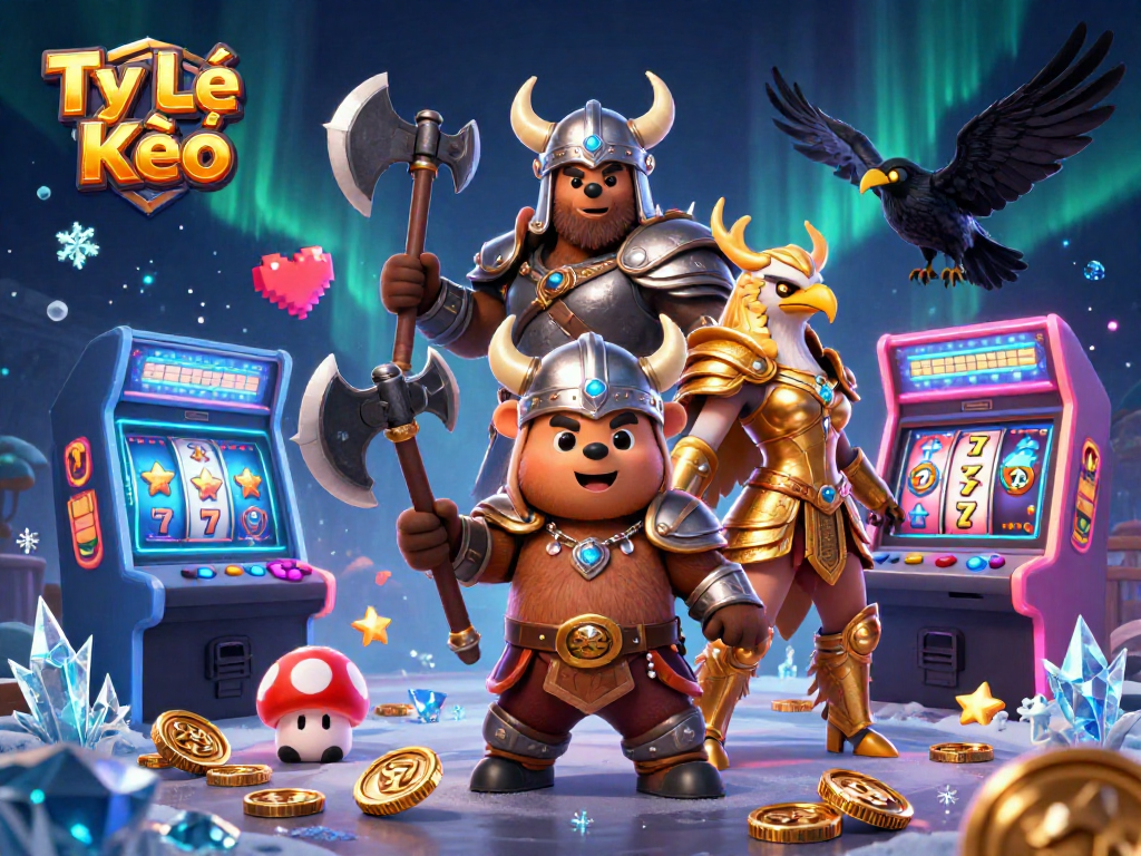Tỷ Lệ Kèo showcases a Viking berserker bear and Valkyrie eagle in a vibrant, detailed casino-themed illustration with dynamic gaming elements.