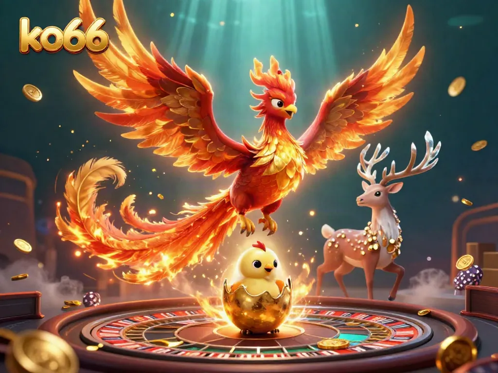 Experience the thrill of ko66 with a vibrant casino scene featuring a majestic phoenix and dynamic betting elements.