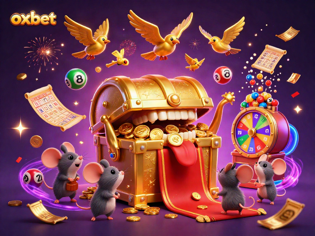 Play exciting games at oxbet with lively lottery elements and a golden treasure chest inviting adventurers.