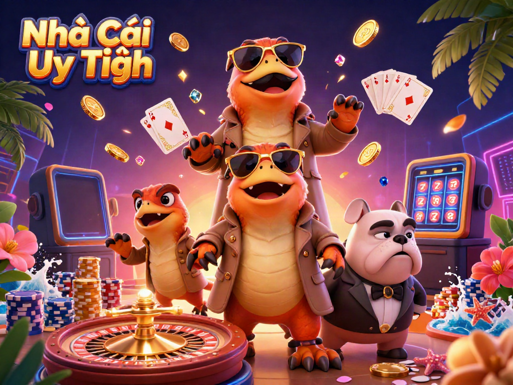 Engaging 3D scene of raptors in a trench coat at a casino, illustrating Nhà Cái Uy Tín with vibrant gambling elements.