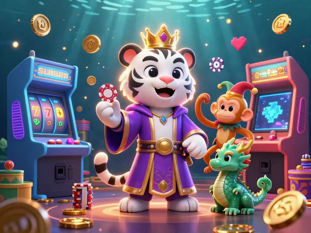 Experience the excitement of SUNWIN with a captivating illustration featuring a royal tiger, playful monkey, and glowing casino elements.