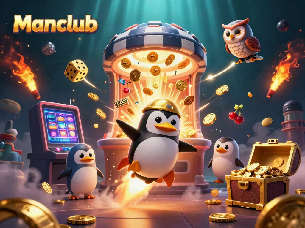 Experience thrilling gaming at Manclub with a golden penguin launching towards a jackpot-filled casino.