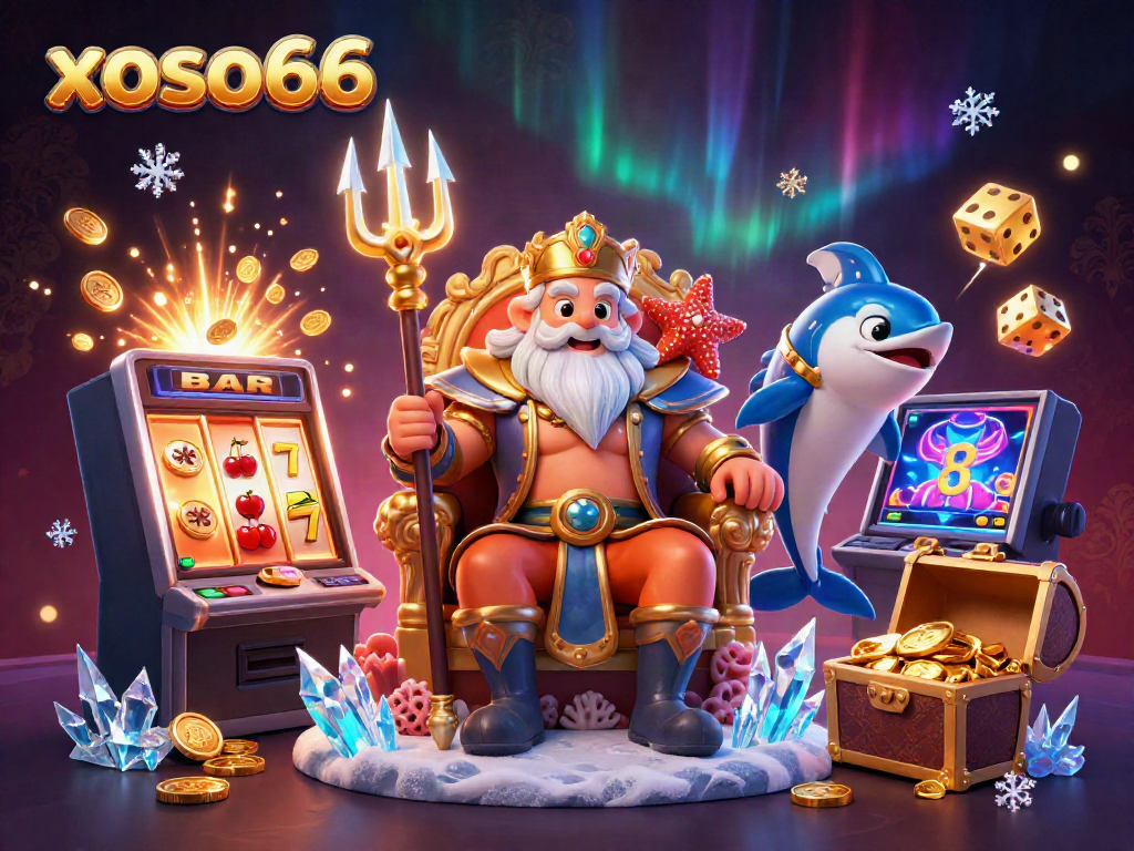 Experience the excitement of xoso66 with Neptune, jackpot symbols, and vibrant casino elements.
