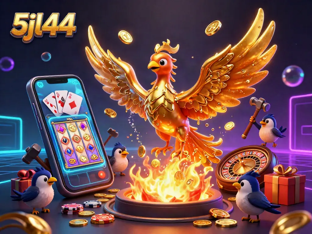 Experience the excitement of 5jl44 through a vibrant 3D illustration showcasing casino elements and a golden phoenix.
